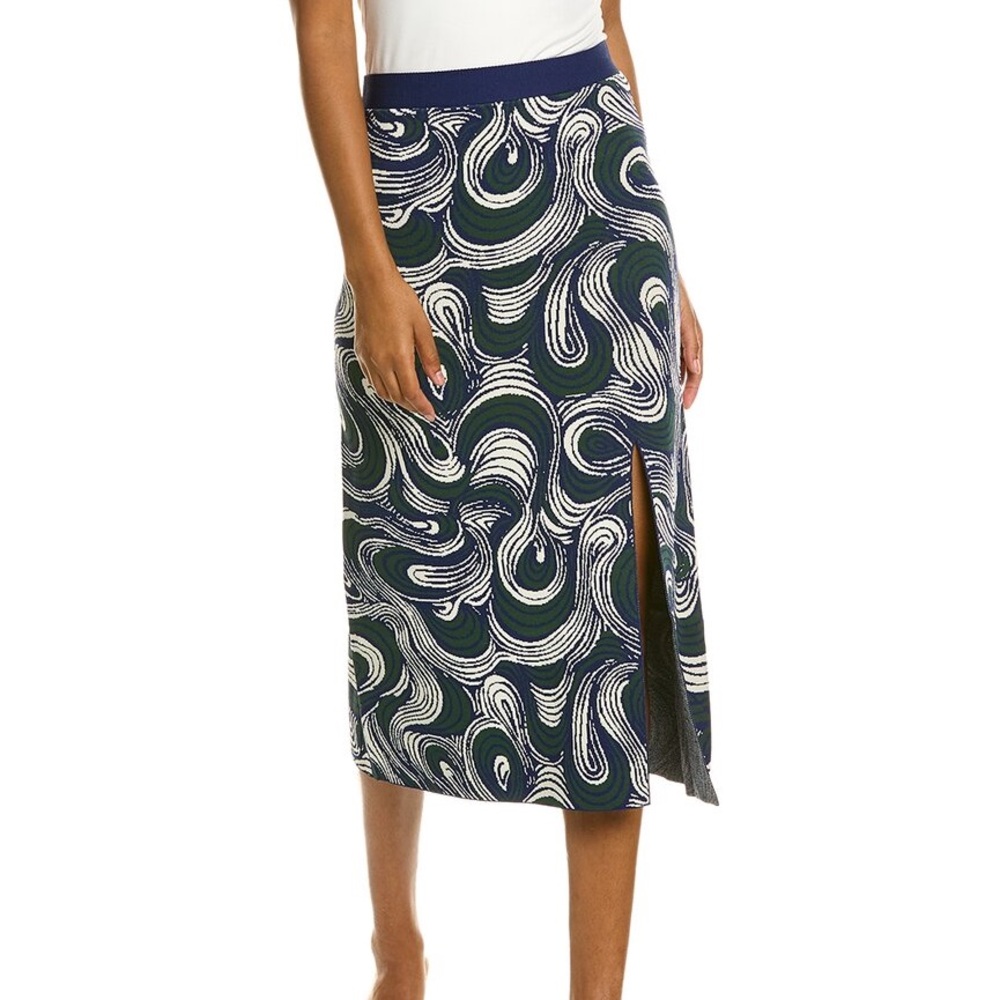CINQ À SEPT Fernanda Midi Skirt Womens Size M Green Blue Stretch Pull On Resort